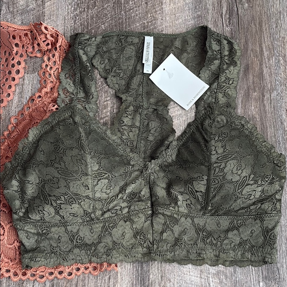 NWT Women’s Lace Bralette Set Padded Very Soft Light Coral and Olive XL - Picture 3 of 15